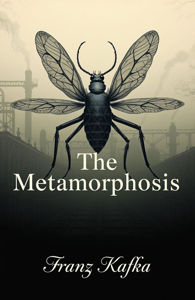 A unique book cover for 'The Metamorphosis' by Franz Kafka, featuring a surreal, dreamlike illustration of a giant insect with intricate details to symbolize transformation