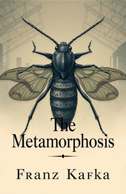 A unique book cover for 'The Metamorphosis' by Franz Kafka, featuring a surreal, dreamlike illustration of a giant insect with intricate details to symbolize transformation