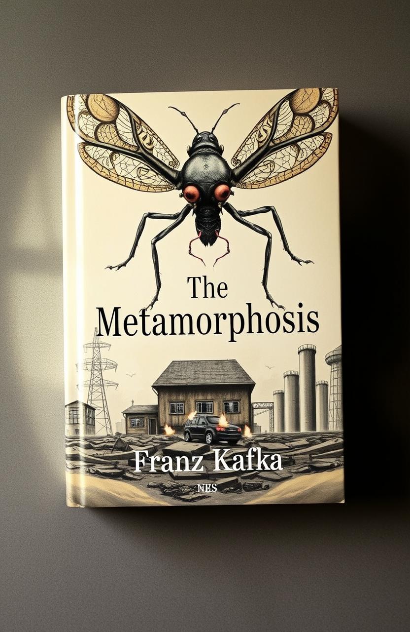 A unique book cover for 'The Metamorphosis' by Franz Kafka, featuring a surreal, dreamlike illustration of a giant insect with intricate details to symbolize transformation