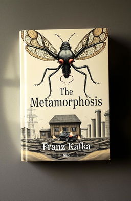 A unique book cover for 'The Metamorphosis' by Franz Kafka, featuring a surreal, dreamlike illustration of a giant insect with intricate details to symbolize transformation