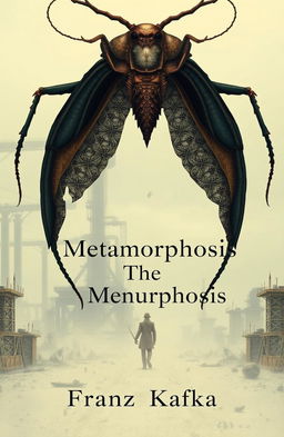 A unique book cover for 'The Metamorphosis' by Franz Kafka, featuring a surreal, dreamlike illustration of a giant insect with intricate details to symbolize transformation
