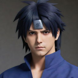 Generate a high-quality image of Sasuke, a character from the anime Naruto, in his classic outfit. His striking and intense gaze should match his dark hair and powerful demeanor.