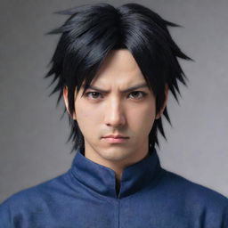 Generate a high-quality image of Sasuke, a character from the anime Naruto, in his classic outfit. His striking and intense gaze should match his dark hair and powerful demeanor.