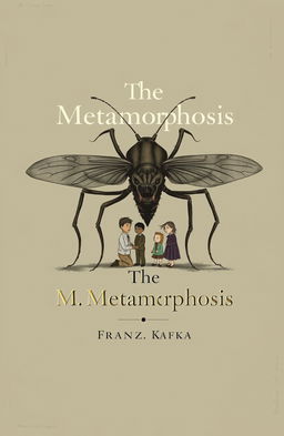 A book cover design for 'The Metamorphosis' by Franz Kafka, featuring a surreal and artistic depiction of Gregor Samsa transformed into a giant insect, with his family portrayed in an emotional and dramatic manner around him