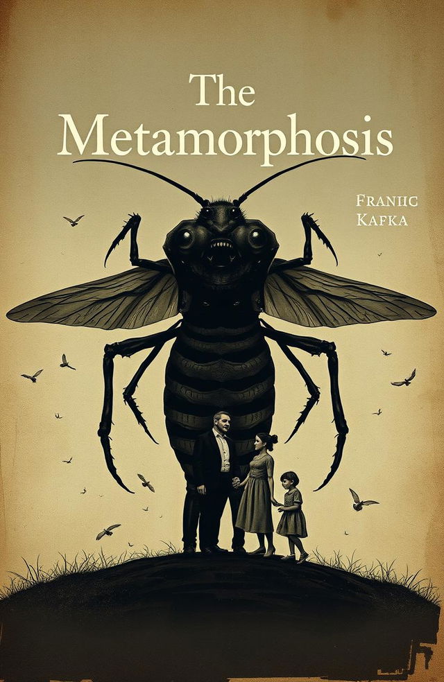 A book cover design for 'The Metamorphosis' by Franz Kafka, featuring a surreal and artistic depiction of Gregor Samsa transformed into a giant insect, with his family portrayed in an emotional and dramatic manner around him