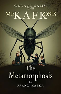A book cover design for 'The Metamorphosis' by Franz Kafka, featuring a surreal and artistic depiction of Gregor Samsa transformed into a giant insect, with his family portrayed in an emotional and dramatic manner around him