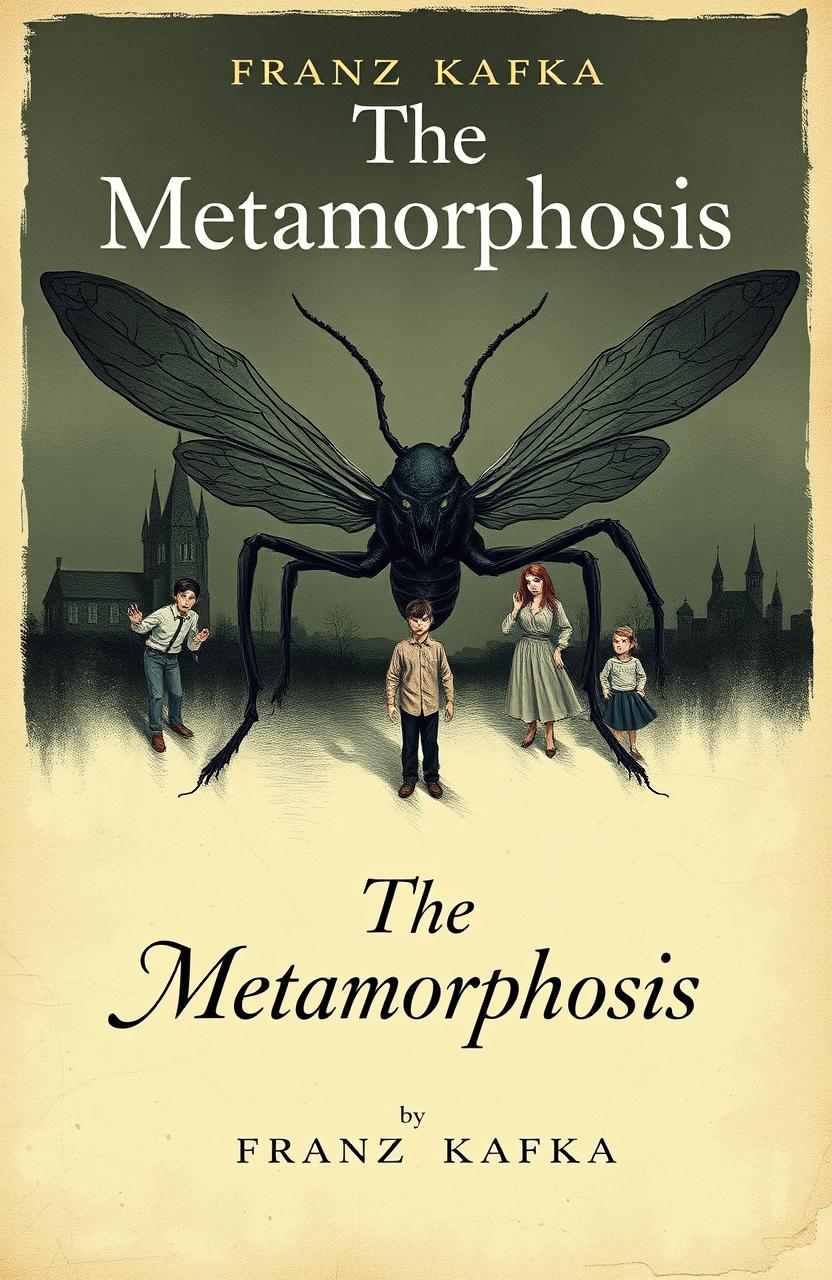 A book cover design for 'The Metamorphosis' by Franz Kafka, featuring a surreal and artistic depiction of Gregor Samsa transformed into a giant insect, with his family portrayed in an emotional and dramatic manner around him