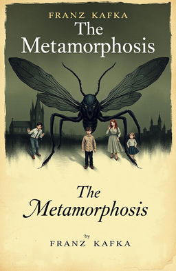 A book cover design for 'The Metamorphosis' by Franz Kafka, featuring a surreal and artistic depiction of Gregor Samsa transformed into a giant insect, with his family portrayed in an emotional and dramatic manner around him