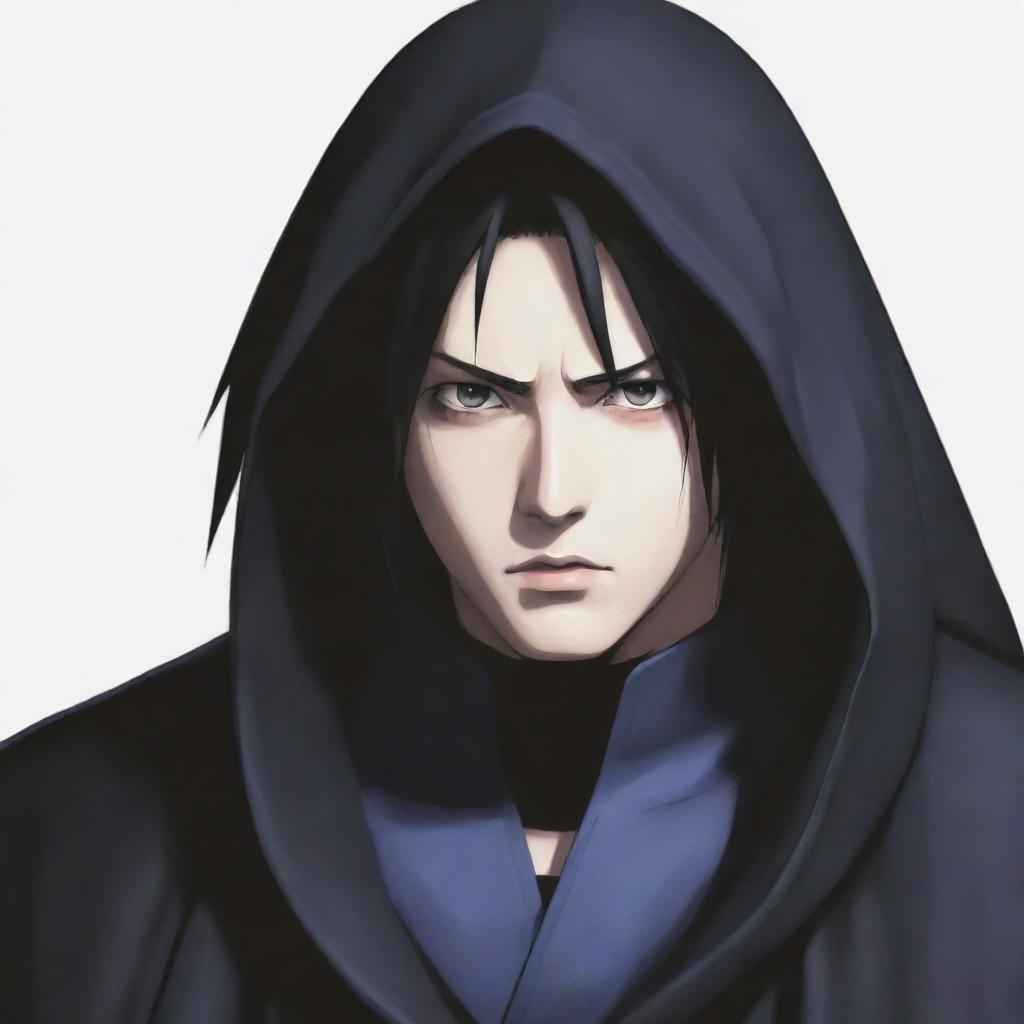 Modify the previous image to reflect Sasuke from Naruto in a black cloak. His intense gaze and dark hair are accentuated by the stark contrast of his attire.