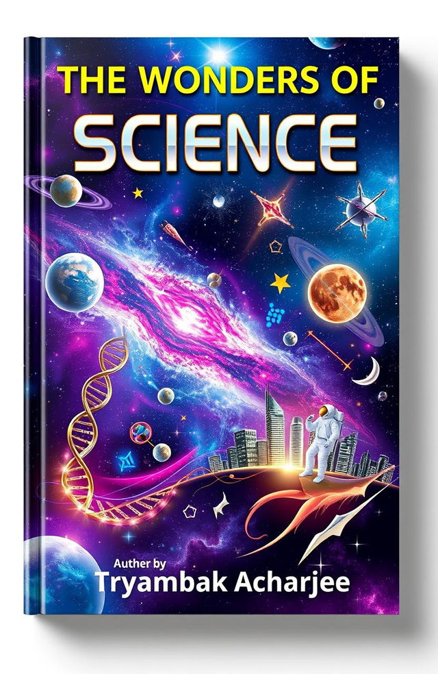 A visually stunning book cover titled 'The Wonders Of Science' authored by 'Tryambak Acharjee'