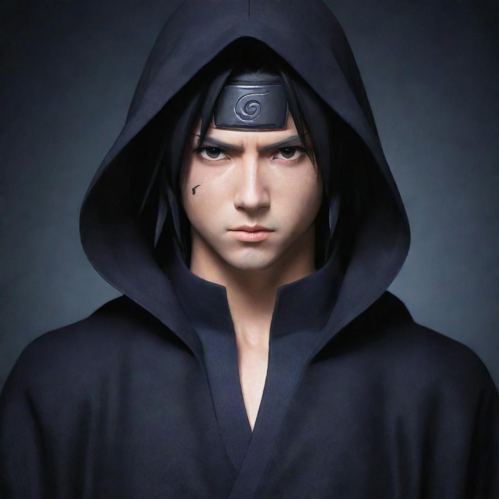 Modify the previous image to reflect Sasuke from Naruto in a black cloak. His intense gaze and dark hair are accentuated by the stark contrast of his attire.