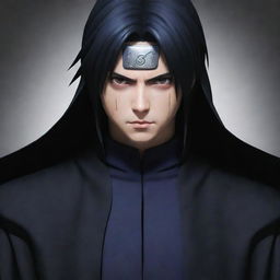 Modify the previous image to reflect Sasuke from Naruto in a black cloak. His intense gaze and dark hair are accentuated by the stark contrast of his attire.