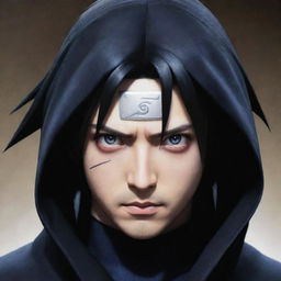 Modify the previous image to reflect Sasuke from Naruto in a black cloak. His intense gaze and dark hair are accentuated by the stark contrast of his attire.