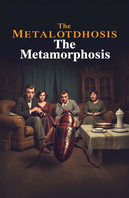 A book cover design for 'The Metamorphosis' featuring the family of Gregor Samsa in their living room, with a large cockroach representation of Gregor in the foreground