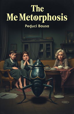 A book cover design for 'The Metamorphosis' featuring the family of Gregor Samsa in their living room, with a large cockroach representation of Gregor in the foreground