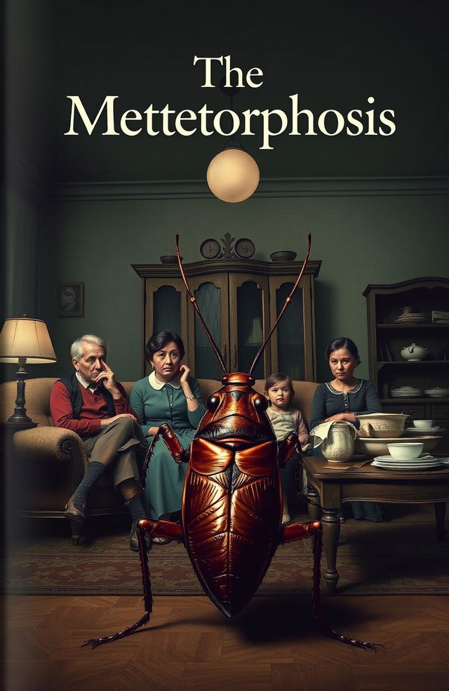 A book cover design for 'The Metamorphosis' featuring the family of Gregor Samsa in their living room, with a large cockroach representation of Gregor in the foreground