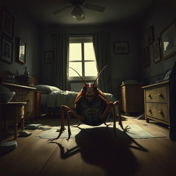 A character study from Franz Kafka's 'The Metamorphosis', depicting Gregor Samsa transformed into a large cockroach in a dimly lit bedroom
