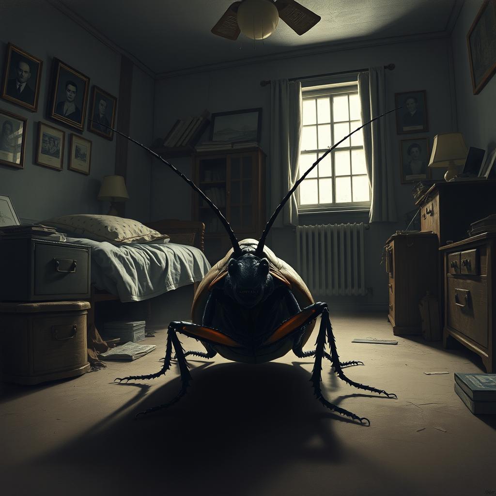 A character study from Franz Kafka's 'The Metamorphosis', depicting Gregor Samsa transformed into a large cockroach in a dimly lit bedroom