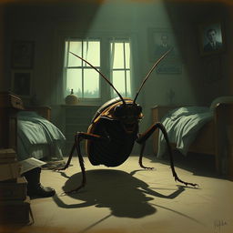 A character study from Franz Kafka's 'The Metamorphosis', depicting Gregor Samsa transformed into a large cockroach in a dimly lit bedroom