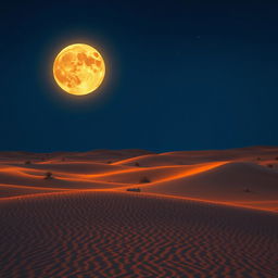 A captivating desert scene framed by a deep dark blue sky, where an extraordinary celestial phenomenon takes place: a moon that resembles a bright, glowing sun, casting a warm, golden hue across the expansive landscape