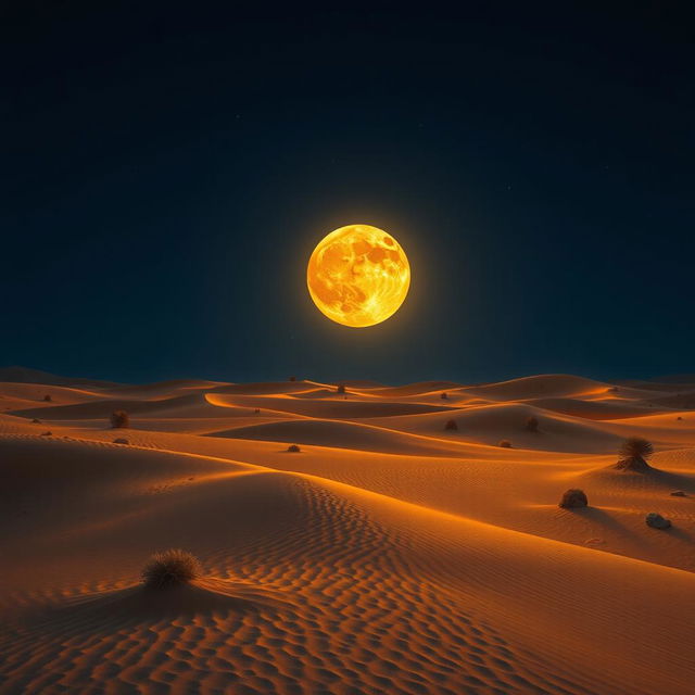 A captivating desert scene framed by a deep dark blue sky, where an extraordinary celestial phenomenon takes place: a moon that resembles a bright, glowing sun, casting a warm, golden hue across the expansive landscape