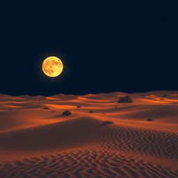 A captivating desert scene framed by a deep dark blue sky, where an extraordinary celestial phenomenon takes place: a moon that resembles a bright, glowing sun, casting a warm, golden hue across the expansive landscape