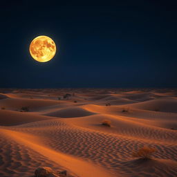 A captivating desert scene framed by a deep dark blue sky, where an extraordinary celestial phenomenon takes place: a moon that resembles a bright, glowing sun, casting a warm, golden hue across the expansive landscape