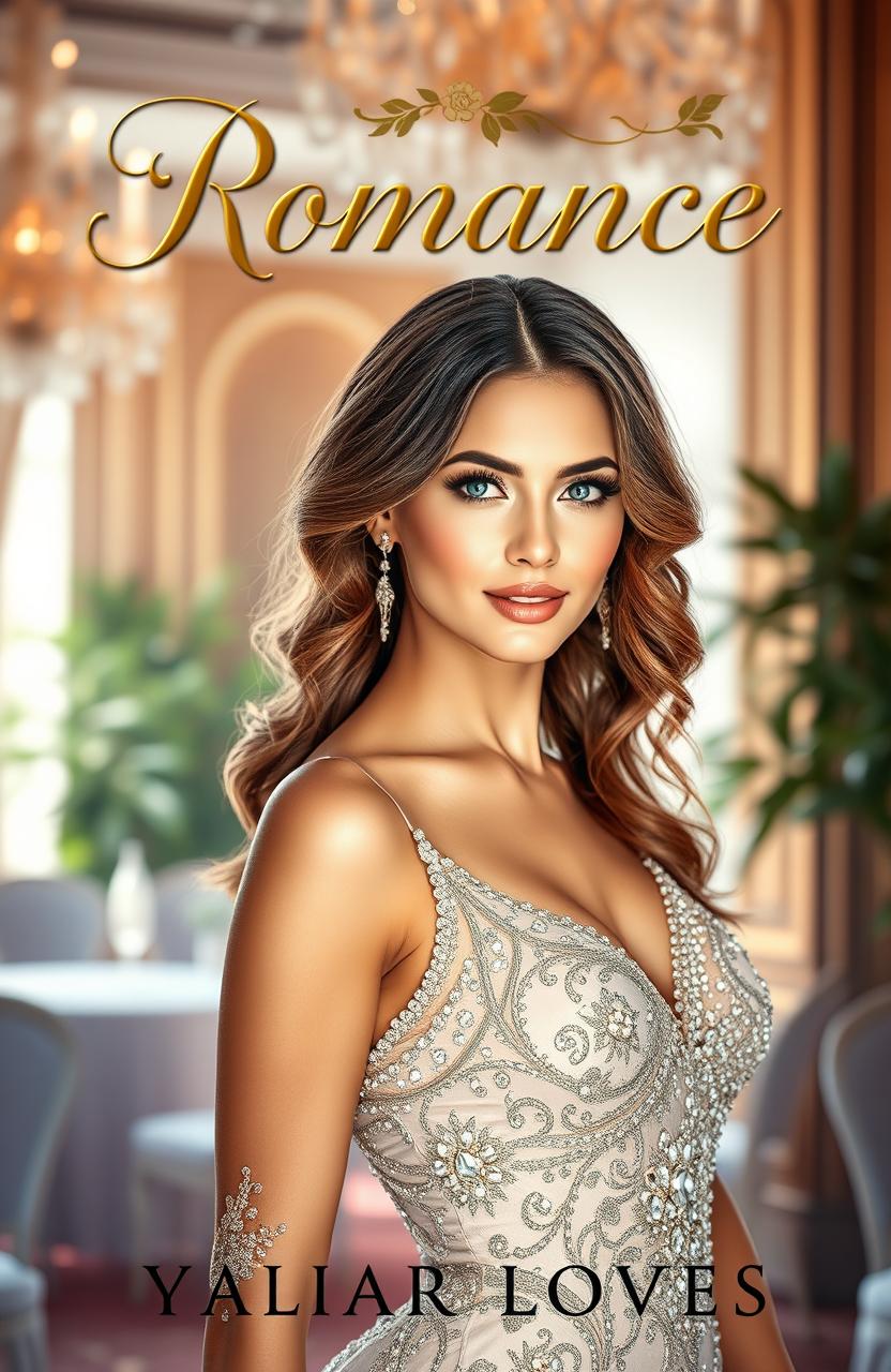 A captivating book cover for a romance novel featuring a stunning woman radiating beauty and elegance