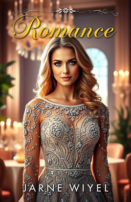 A captivating book cover for a romance novel featuring a stunning woman radiating beauty and elegance