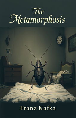 A surreal book cover design for 'The Metamorphosis' by Franz Kafka, depicting Gregor Samsa transformed into a large cockroach