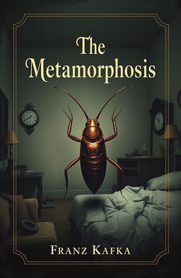 A surreal book cover design for 'The Metamorphosis' by Franz Kafka, depicting Gregor Samsa transformed into a large cockroach