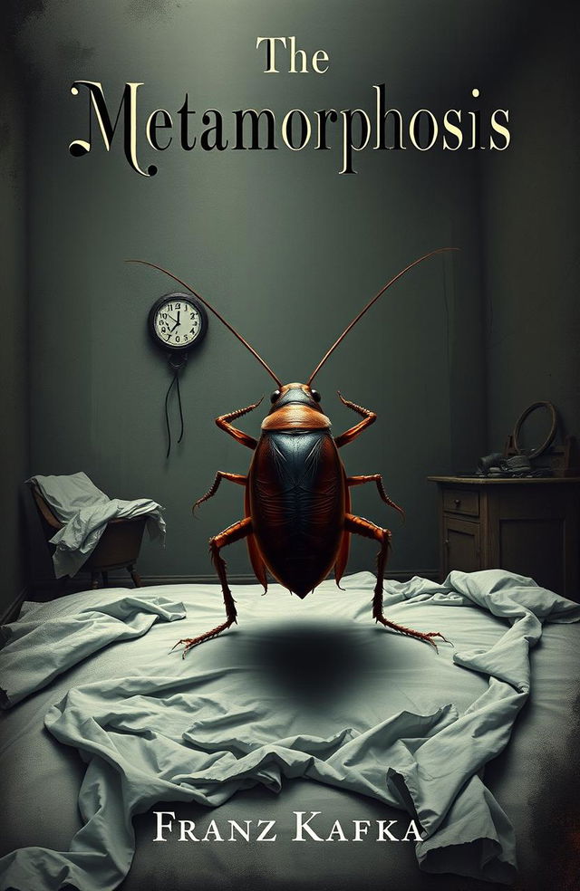 A surreal book cover design for 'The Metamorphosis' by Franz Kafka, depicting Gregor Samsa transformed into a large cockroach