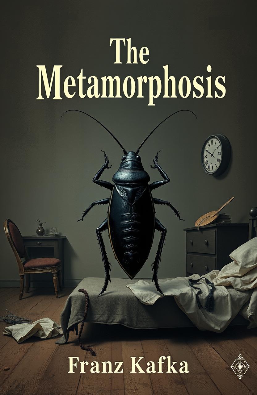 A surreal book cover design for 'The Metamorphosis' by Franz Kafka, depicting Gregor Samsa transformed into a large cockroach