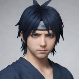 Adjust the previous image by removing the headband and any facial markings from Sasuke. His eyes should be deep black, offering a stark contrast to his pale skin.