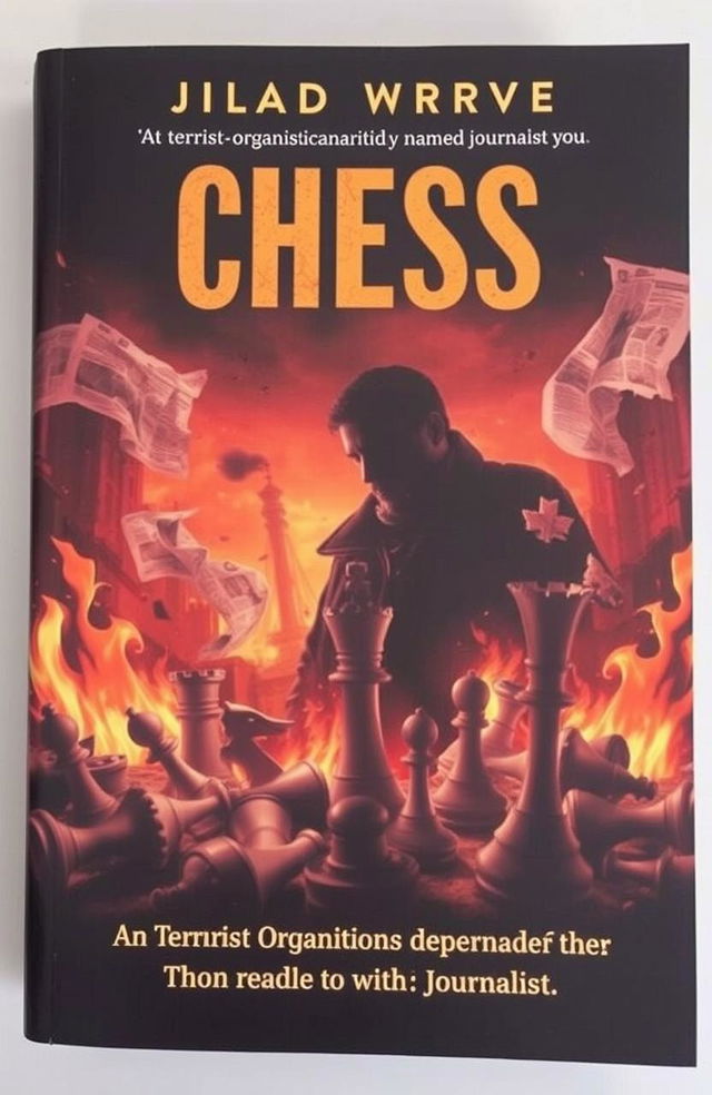 A dramatic and gripping book cover depicting a tense story between a terrorist organization named Chess and a determined journalist