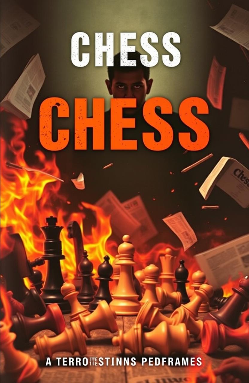 A dramatic and gripping book cover depicting a tense story between a terrorist organization named Chess and a determined journalist