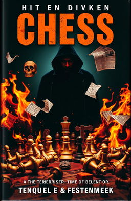 A dramatic and gripping book cover depicting a tense story between a terrorist organization named Chess and a determined journalist