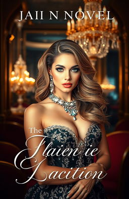 A stunning book cover design featuring a beautiful woman adorned in glitz and glamor, with intricate jewelry sparkling against her elegant attire