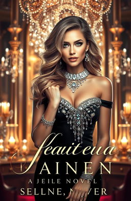 A stunning book cover design featuring a beautiful woman adorned in glitz and glamor, with intricate jewelry sparkling against her elegant attire