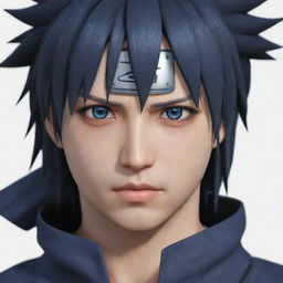 Adjust the previous image by removing the headband and any facial markings from Sasuke. His eyes should be deep black, offering a stark contrast to his pale skin.