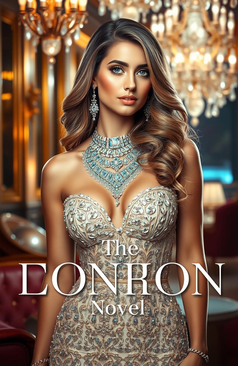 A stunning book cover design featuring a beautiful woman adorned in glitz and glamor, with intricate jewelry sparkling against her elegant attire