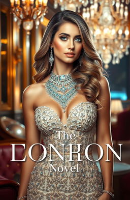 A stunning book cover design featuring a beautiful woman adorned in glitz and glamor, with intricate jewelry sparkling against her elegant attire