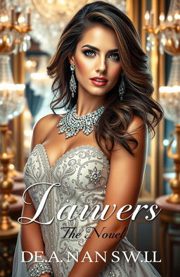 A stunning book cover design featuring a beautiful woman adorned in glitz and glamor, with intricate jewelry sparkling against her elegant attire