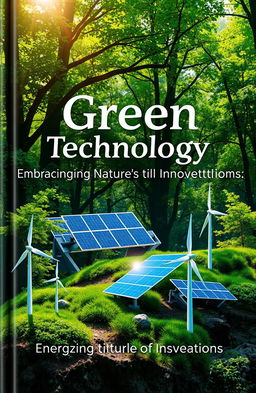 A visually stunning cover design for a book titled 'Green Technology: Embracing Nature's Innovations', featuring a harmonious blend of lush greenery and advanced technology elements