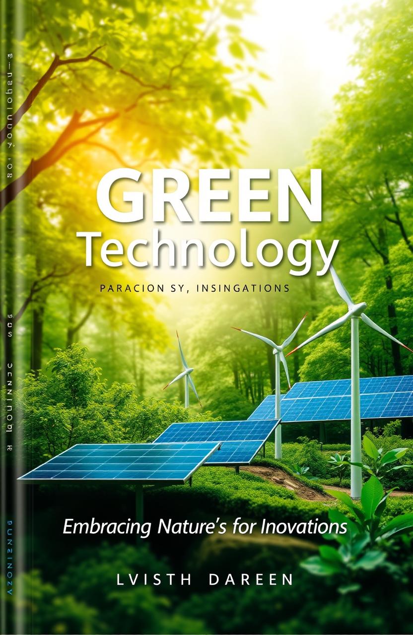 A visually stunning cover design for a book titled 'Green Technology: Embracing Nature's Innovations', featuring a harmonious blend of lush greenery and advanced technology elements