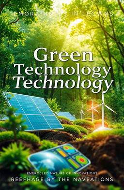 A visually stunning cover design for a book titled 'Green Technology: Embracing Nature's Innovations', featuring a harmonious blend of lush greenery and advanced technology elements