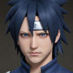 Adjust the previous image by removing the headband and any facial markings from Sasuke. His eyes should be deep black, offering a stark contrast to his pale skin.