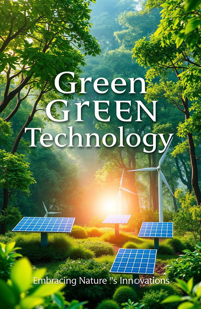 A visually stunning cover design for a book titled 'Green Technology: Embracing Nature's Innovations', featuring a harmonious blend of lush greenery and advanced technology elements