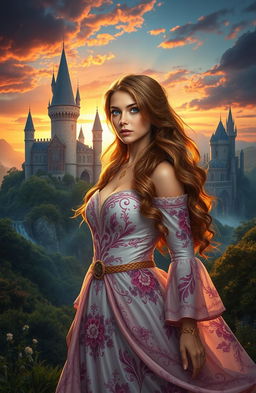 A captivating fantasy scene depicting a beautiful damsel in distress, set in an enchanting medieval landscape