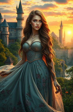 A captivating fantasy scene depicting a beautiful damsel in distress, set in an enchanting medieval landscape